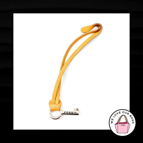 FOSSIL Yellow LEATHER STRAP Loop Silver Nickel Fob Bag Charm Keychain Hang Tag - Picture 1 of 1